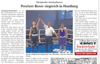 Boxclub Preetz mit Hovhannes Petrosyan (Schüler bis 37 KG) und Alexander Graf (Junioren bis 75 KG) im „DER REPORTER“ (Seite 5) zur siegreichen Leistung in Hamburg erwähnt.