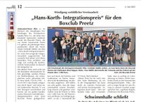Würdigung vorbildlicher Vereinsarbeit mit dem „Hans-Korth-Integrationspreis“ für den Boxclub Preetz im 